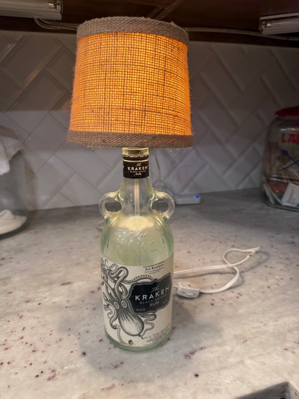 Kraken Bottle Lamp with Orange Burlap Shade